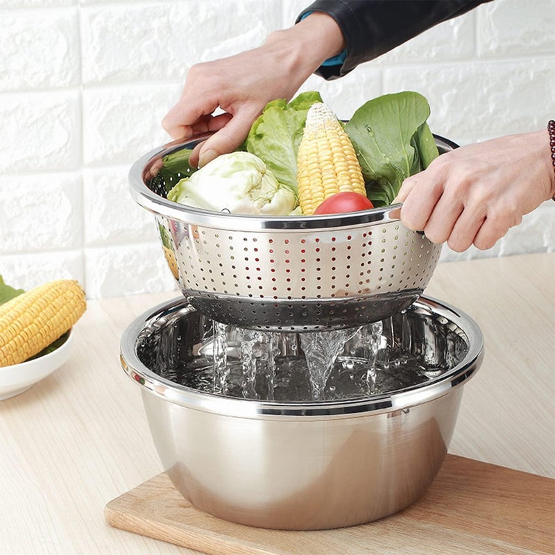 PIPULSE Stainless Steel Rice Washing Bowl Mixing BowlsVegetable Fruit Washing Bowl Colander Set for Metal Strainer Set Microporous Colander Pasta Straining Cleaning and Fruit Draining Noodle - Image 2