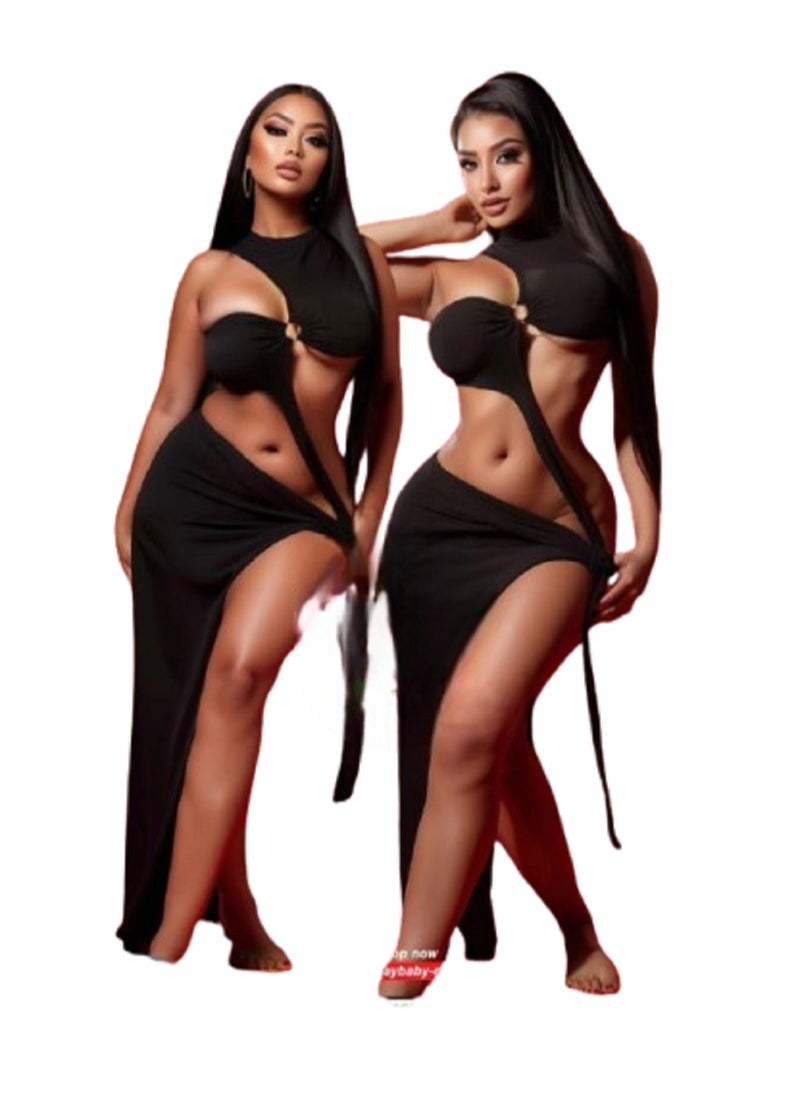 MANIKAN MANIKAN Women's Long Black Lingerie with Open Top and Side Slit 