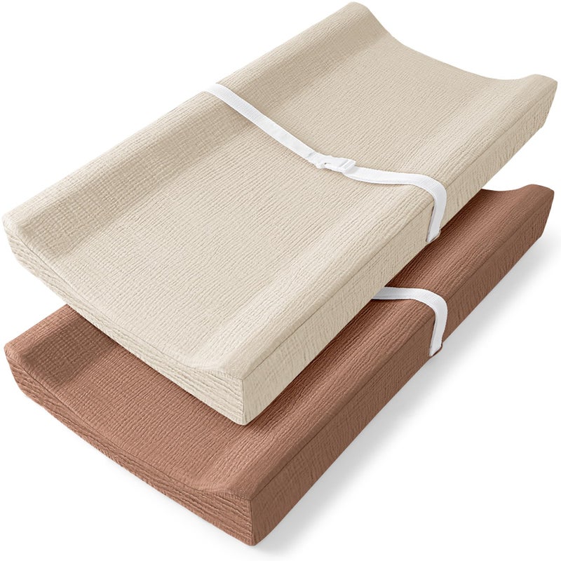 Bearmoss Changing Pad Cover 2 Pack Muslin 100 Cotton Diaper Changing Table Covers 32 x 16 Soft Breathable Changing Pad Sheets for Unisex Baby Girls and Boys with Strap Holes Cappuccino
