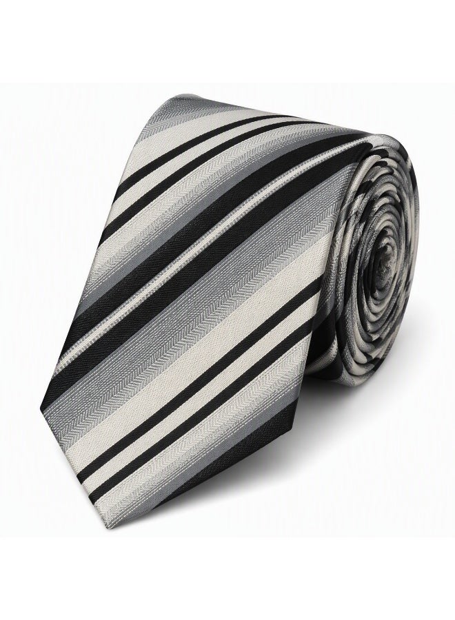 Men’s Black, Grey & Silver Striped Necktie with Matching Pocket Square – 2-Piece Formal Set - Image 1