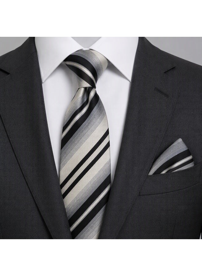Men’s Black, Grey & Silver Striped Necktie with Matching Pocket Square – 2-Piece Formal Set - Image 4