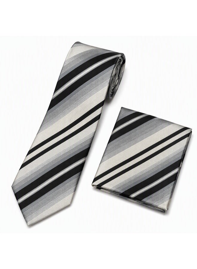 Men’s Black, Grey & Silver Striped Necktie with Matching Pocket Square – 2-Piece Formal Set - Image 2
