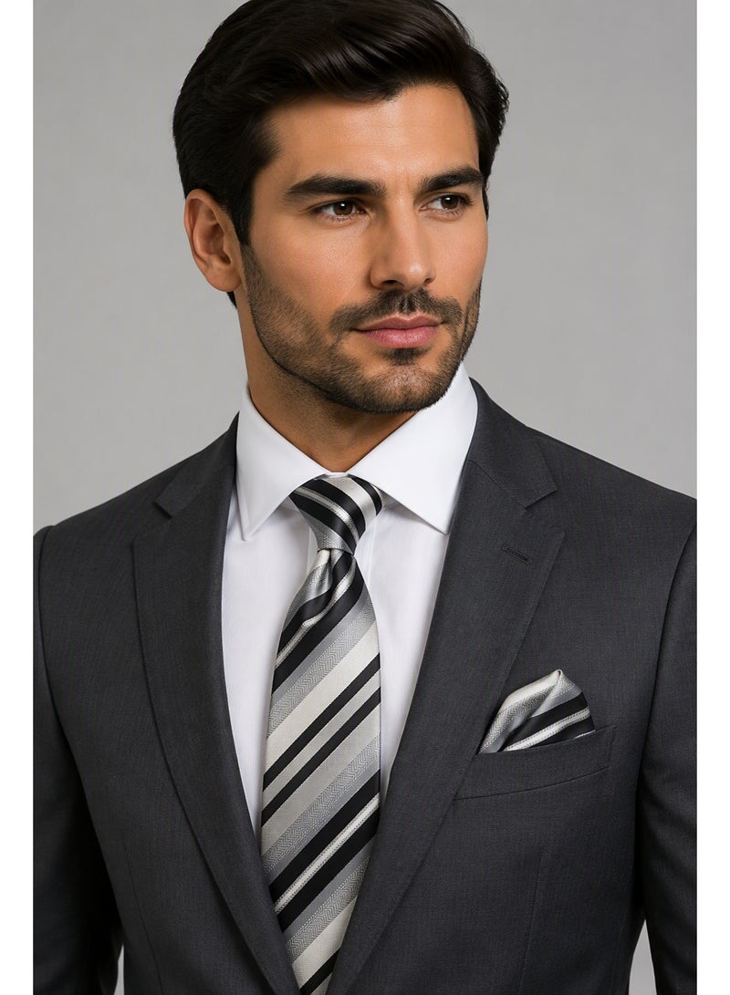 Men’s Black, Grey & Silver Striped Necktie with Matching Pocket Square – 2-Piece Formal Set - Image 5