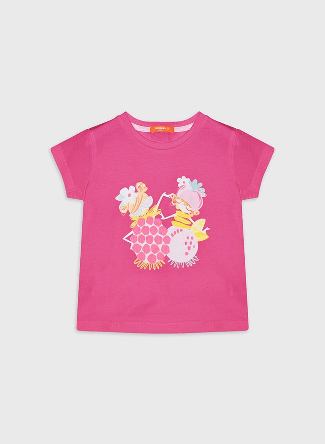 بنات بلوزة قصيرة الأكمام مطبوعة فوشيا