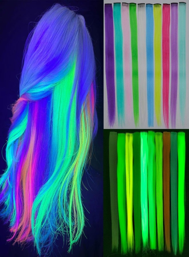 Ms Aloe 10 Pcs Glow in Dark Clip in Hair Extensions - 22inch Colorful Synthetic Rainbow Glow in The Dark Hair Accessories for Women, Kids, Girls - Image 1
