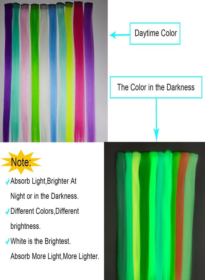 Ms Aloe 10 Pcs Glow in Dark Clip in Hair Extensions - 22inch Colorful Synthetic Rainbow Glow in The Dark Hair Accessories for Women, Kids, Girls - Image 3
