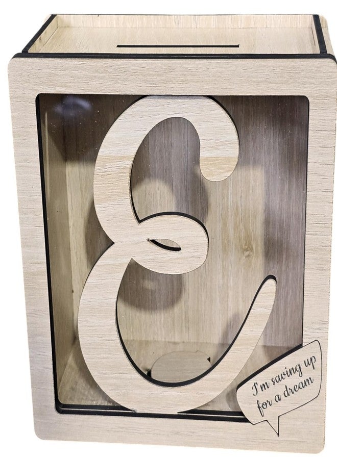 LACUM® Letter Piggy Bank – Custom Wooden Money Bank for Kids & Adults – Sunmica Coated Engineering Wood with Transparent Acrylic Front – Unique Gifts (Letter E) - Image 1