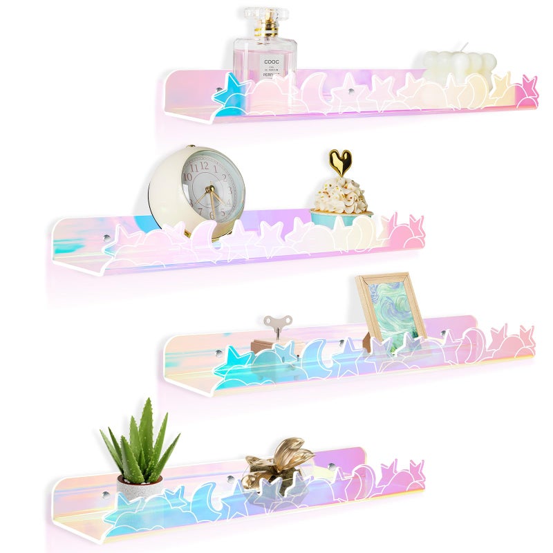 alldomess Floating Shelves for Wall4 Pack 157x 35Adhesive Acrylic Shelves Organizer for Book Toy Photo MakeupWallMounted Kids Storage for BathroomBedroomNurseryIridescent Star and Moon - Image 2
