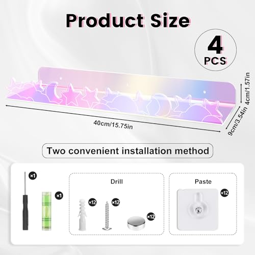 alldomess Floating Shelves for Wall4 Pack 157x 35Adhesive Acrylic Shelves Organizer for Book Toy Photo MakeupWallMounted Kids Storage for BathroomBedroomNurseryIridescent Star and Moon - Image 3