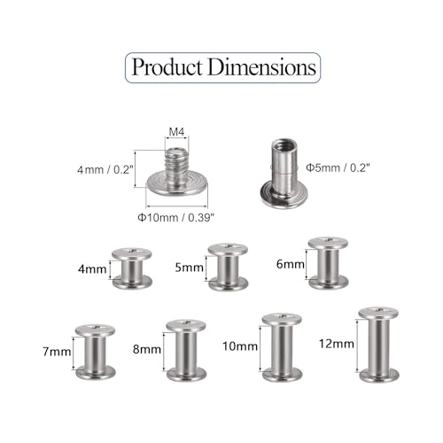 Alloygold 90 Sets 304 Stainless Steel Chicago Screws Leather Assorted Kit, 7 Sizes (M5 X 4, 5, 6, 7, 8, 10, 12) for DIY Leather Craft and Bookbinding - Image 4