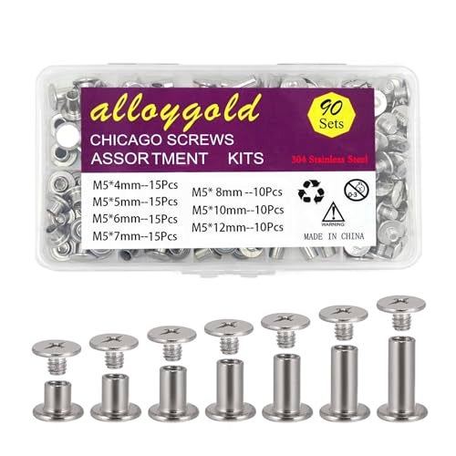 Alloygold 90 Sets 304 Stainless Steel Chicago Screws Leather Assorted Kit, 7 Sizes (M5 X 4, 5, 6, 7, 8, 10, 12) for DIY Leather Craft and Bookbinding - Image 1