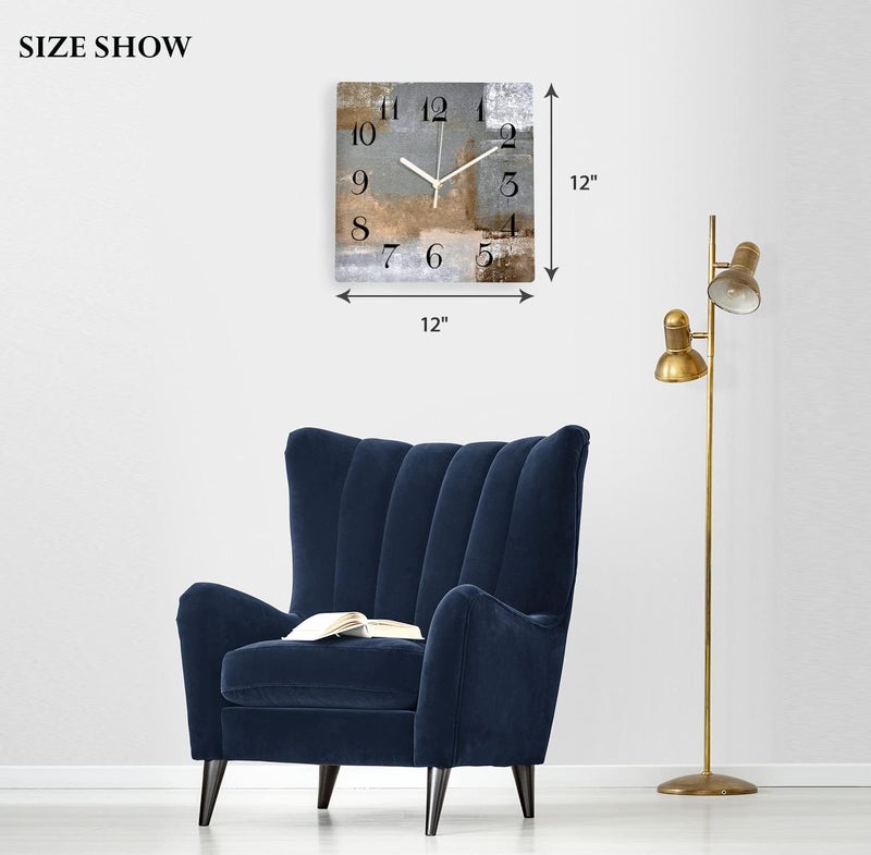 ArtSocket Wooden Wall Clock Silent Non-Ticking,Brown Black Grey White Abstract Painting Modern Wooden Square Rustic Wall Clocks Decor for Home Kitchen Living Room Office, Battery Operated(12 Inch) - Image 4