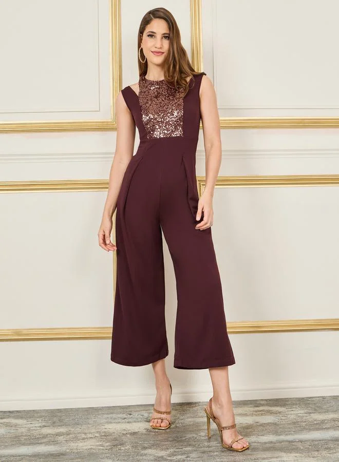 ستايلي Sequin Cut Out Detail Neck Wide Leg Jumpsuit