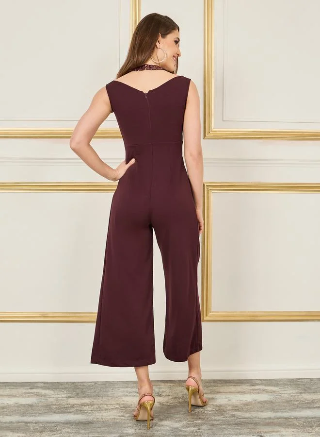 ستايلي Sequin Cut Out Detail Neck Wide Leg Jumpsuit