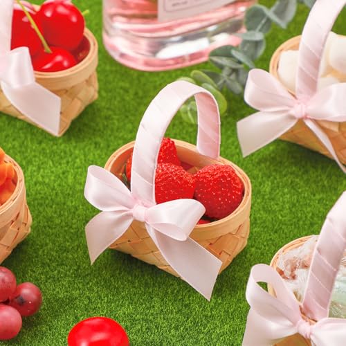 Geelin 12 Pcs Mini Flower Girl Basket Mini Woven Baskets with Handles Wood Chip Flower Fruit Picnic Holder with Pink Ribbon Chip Bucket for Wedding Party Gifts Baby Shower Birthday Party Decoration - Image 3