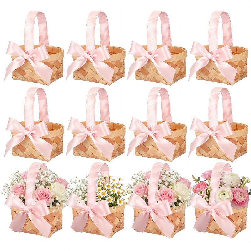 Geelin 12 Pcs Mini Flower Girl Basket Mini Woven Baskets with Handles Wood Chip Flower Fruit Picnic Holder with Pink Ribbon Chip Bucket for Wedding Party Gifts Baby Shower Birthday Party Decoration - Image 2