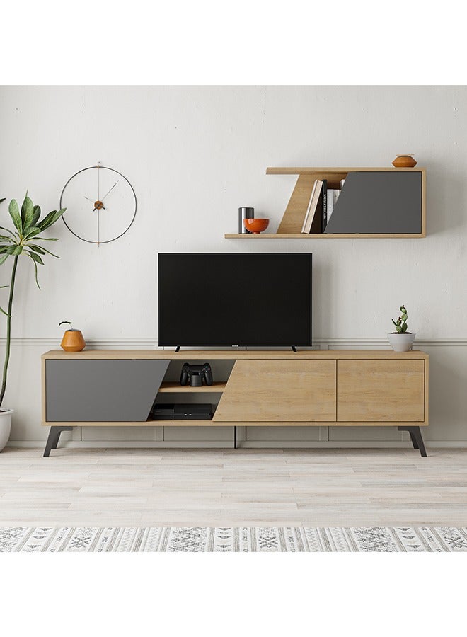 Mourah Home Fiona Tv Unit Up To 70'' Inch Tvs With Shelf 3Door And 2Tier Storage | Tv Cabinet For Living Room| 180X35.6X48 Cm (Oak Dark Grey)  - Image 1