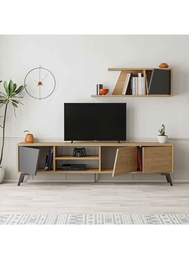 Mourah Home Fiona Tv Unit Up To 70'' Inch Tvs With Shelf 3Door And 2Tier Storage | Tv Cabinet For Living Room| 180X35.6X48 Cm (Oak Dark Grey)  - Image 2