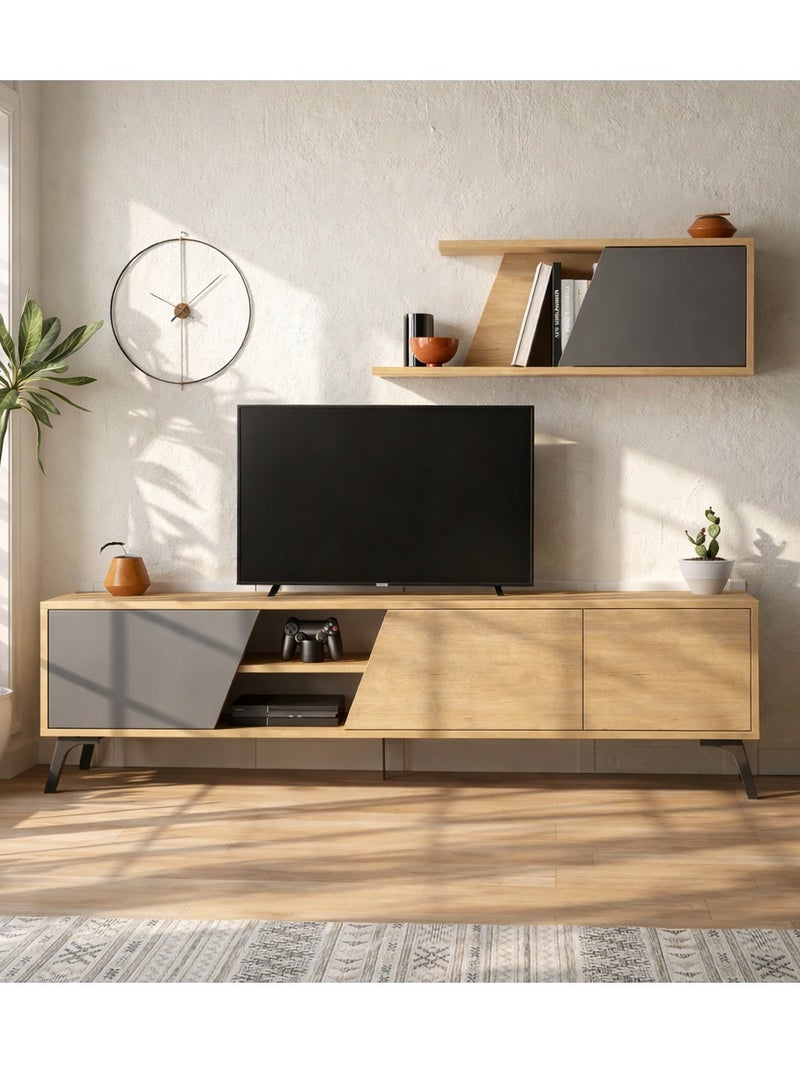 Mourah Home Fiona Tv Unit Up To 70'' Inch Tvs With Shelf 3Door And 2Tier Storage | Tv Cabinet For Living Room| 180X35.6X48 Cm (Oak Dark Grey) - Image 1