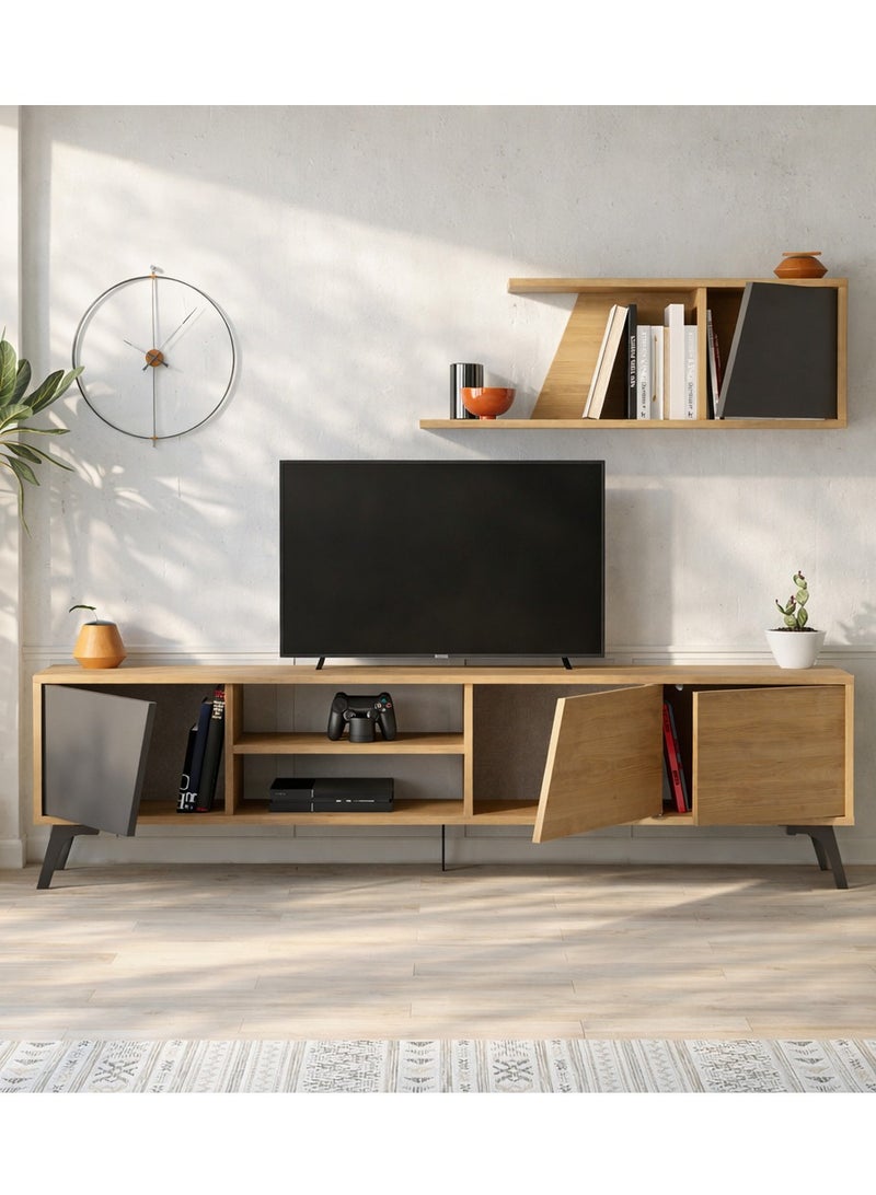 Mourah Home Fiona Tv Unit Up To 70'' Inch Tvs With Shelf 3Door And 2Tier Storage | Tv Cabinet For Living Room| 180X35.6X48 Cm (Oak Dark Grey) - Image 2