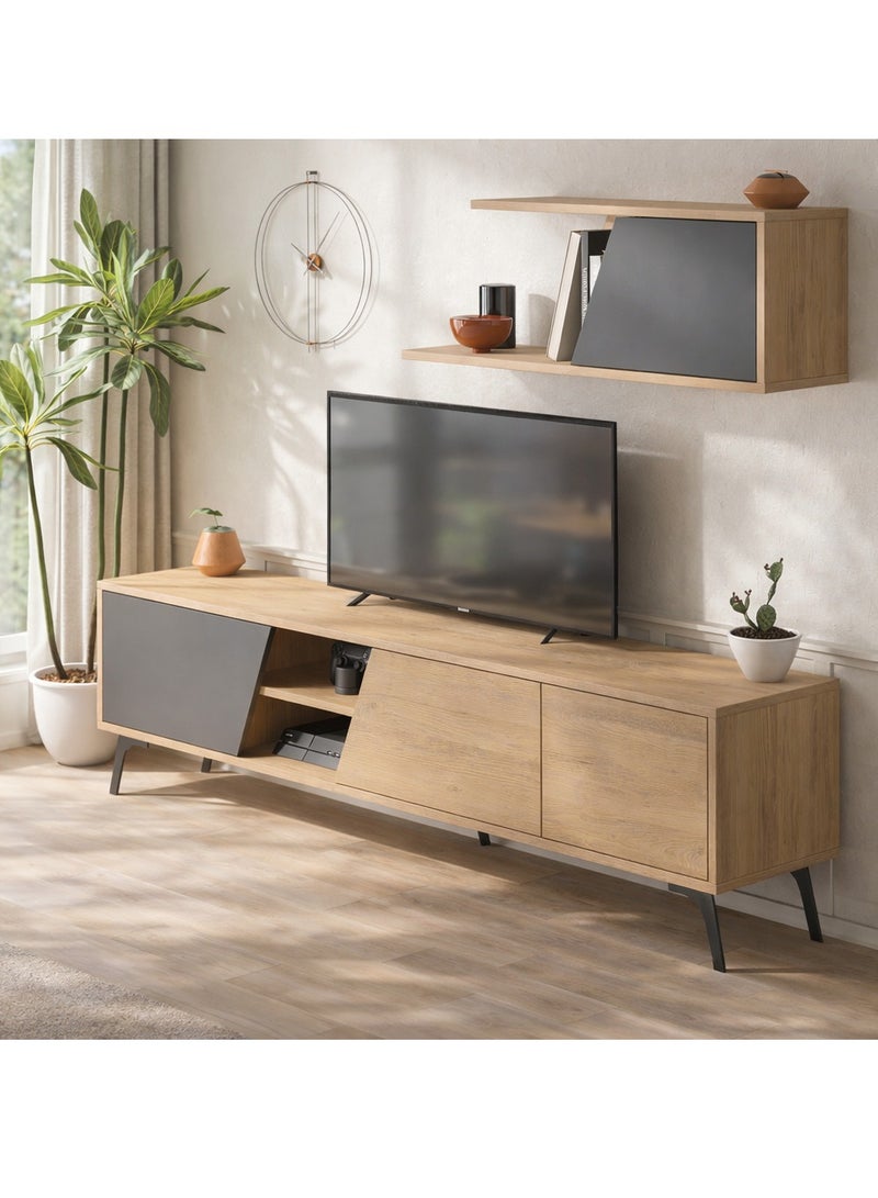Mourah Home Fiona Tv Unit Up To 70'' Inch Tvs With Shelf 3Door And 2Tier Storage | Tv Cabinet For Living Room| 180X35.6X48 Cm (Oak Dark Grey) - Image 5