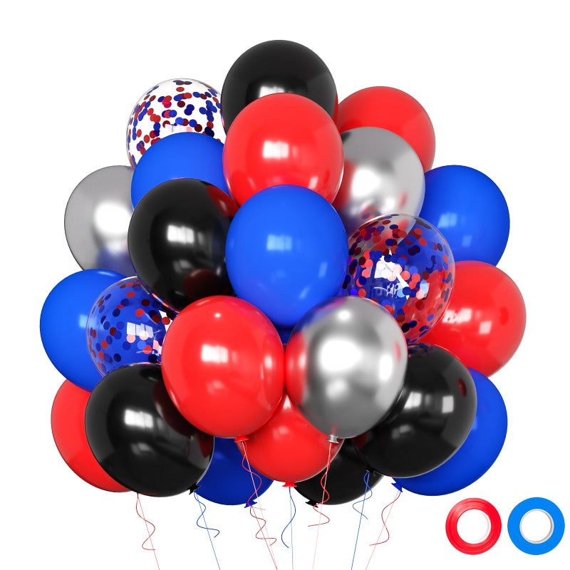 Qmraercu 50pcs 12 Inch Black Red and Blue Balloons, Red Blue Silver Balloons Red Blue Balloon Black Red Blue Confetti Silver Latex Balloons for Birthday Baby Shower Graduation Party Decorations - Image 1
