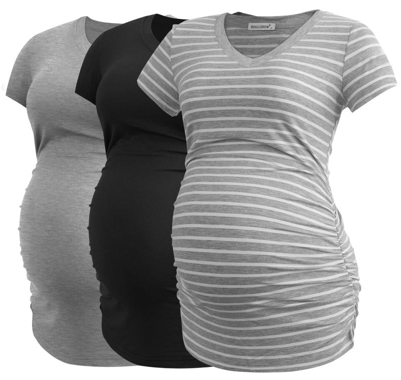 Smallshow Womens V Neck Maternity Clothes Tops Side Ruched Pregnancy T Shirt Medium BlackLight GreyGrey Stripe