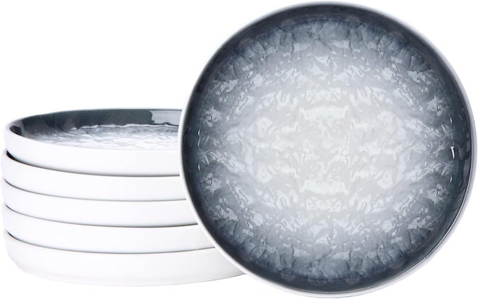 6 CERAMIC SMALL APPETIZER PLATES PORCELAIN GRADIENT WATER WAVE EMBOSSED TEXTURE DESSERT PLATES FOR TEA PARTY CAKE ICE CREAM WAFFLES APPLE PIE SNACKS SET OF 6 GRAY