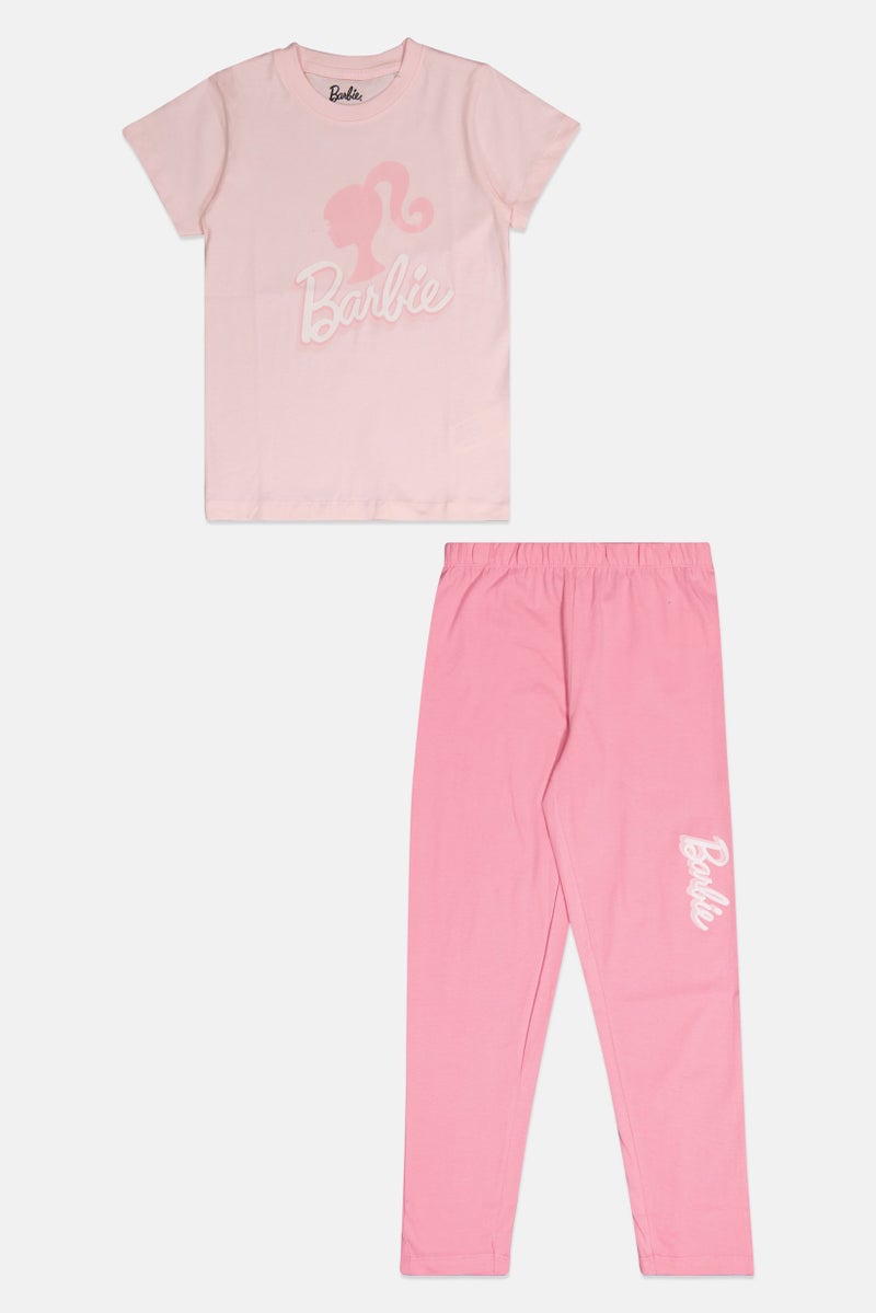 Barbie طقم بيجامة قصير الأكمام للبنات بشعار العلامة التجارية، وردي - Image 2