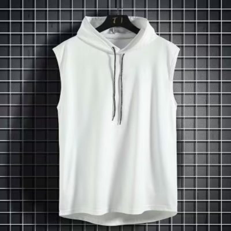 Summer Mens Sleeveless T-shirt Sweater Solid Color Sleeveless Hoodie Loose Comfortable Solid Color Top Trendy Vest All-match White - Image 1