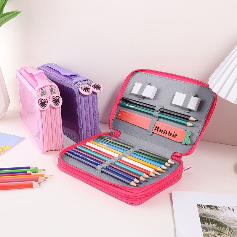 Black Glossy Two Layer Pencil Case With 32 Holes Heart Zipper - Image 1