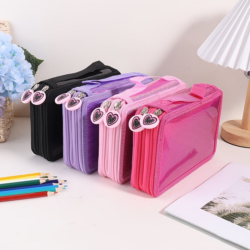Black Glossy Two Layer Pencil Case With 32 Holes Heart Zipper - Image 4