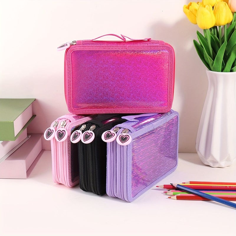 Black Glossy Two Layer Pencil Case With 32 Holes Heart Zipper - Image 5