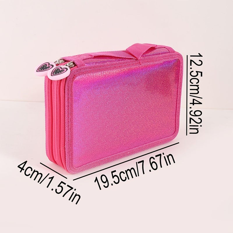 Black Glossy Two Layer Pencil Case With 32 Holes Heart Zipper - Image 3