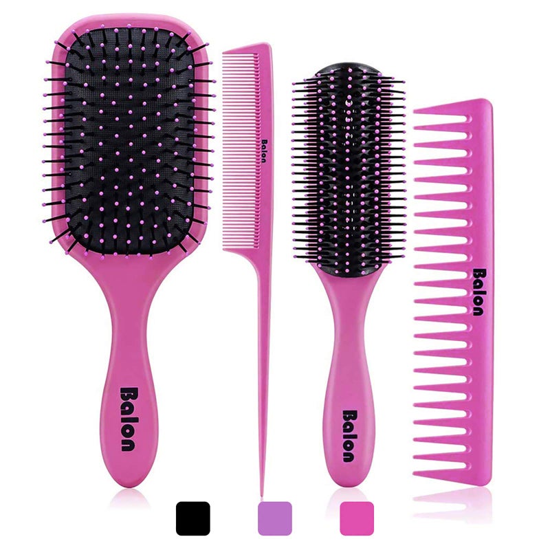 4Pcs Detangling Brush Set for Women  Paddle Brush for Wet or Dry Straight Long Thick Curly Natural Hair No More Tangles Pink