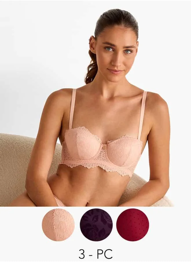 فاف Set of 3 - Assorted Balconette Bra with Lace Detail