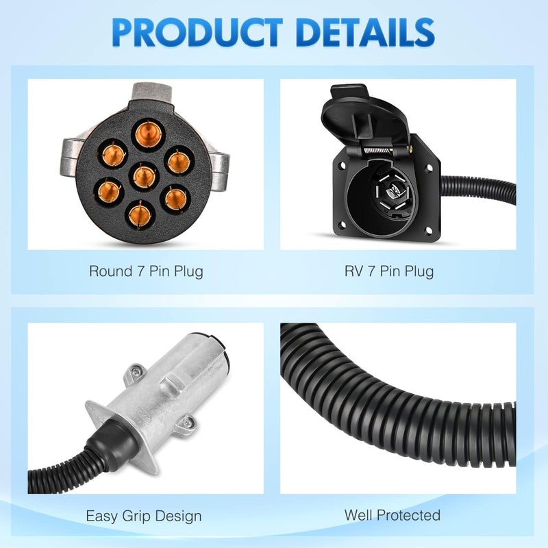 Nilight 7 Pin Round to 7 Way RV Blade Trailer Adapter Connector Wiring Harness Electric Adapter Plug Connector for Semi Truck Trailer Commercial Vehicle Pickup Truck Tractor - Image 2