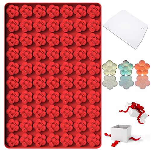 Amyandone Flower Silicone Mold, Small Plum Blossom Shaped Flower Molds with 70 Cavities for Making Chocolate/Candy/Gummy/Cookie/Jelly/Ice Cube/Edible Flowers for Cake Decorating, Wintersweet Mold, with Scraper - Image 1