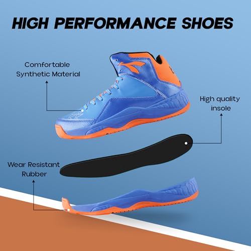 KONEX Slam Dunk Water Repellent Basketball Shoes for Indoor & Outdoor Court for Men | High Ankle with Rubberized Outsole for Maximum Grip UK 8 (Blue & Orange) - Image 2