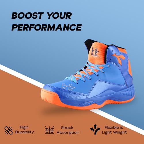 KONEX Slam Dunk Water Repellent Basketball Shoes for Indoor & Outdoor Court for Men | High Ankle with Rubberized Outsole for Maximum Grip UK 8 (Blue & Orange) - Image 4