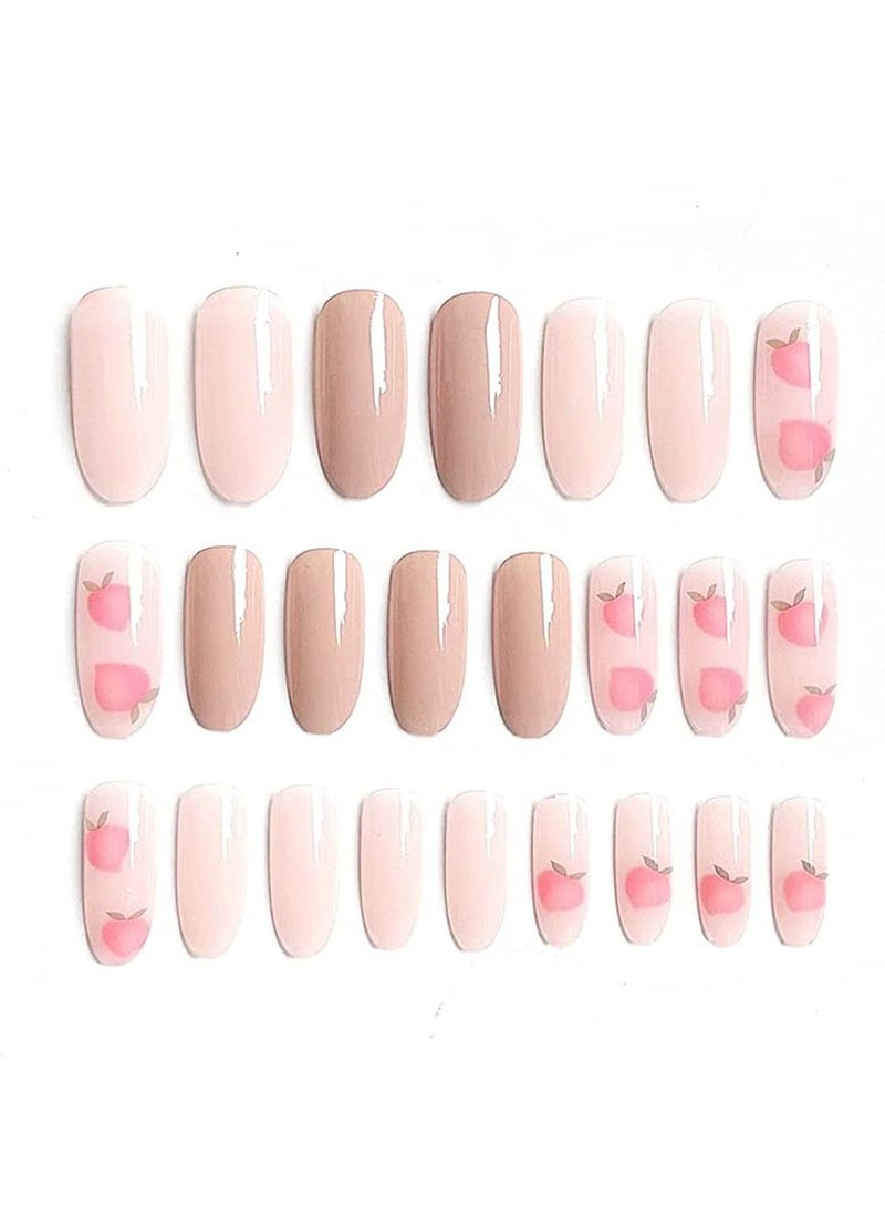 SYOSI Glossy Nude Press on Nails Long Oval False Medium Length Nails Pink Peach Pattern Fake Nails Acrylic Full Cover Artificial Nail Tips for Women&Girls Manicure 24PCS - Image 1