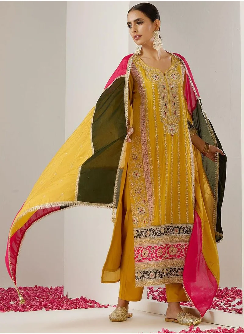 ISHIN Women's Mustard Polyester Blend Embellished Tunic Full Length Casual Straight Fit Kurta Set