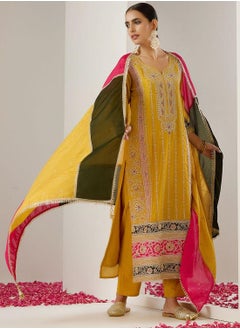 ISHIN Women Mustard Polyester Chinon 3 pcs Kurta Set  - Image 3