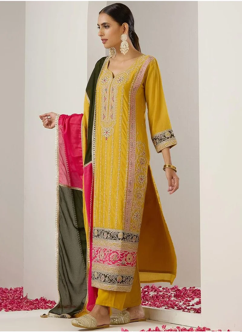 ISHIN Women's Mustard Polyester Blend Embellished Tunic Full Length Casual Straight Fit Kurta Set
