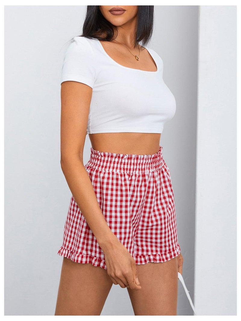 MakeMeChic Women's Gingham Ruffle Lounge Shorts Elastic High Waist Pajamas Boxer Shorts Red and White Small - Image 5