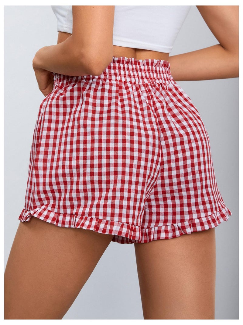 MakeMeChic Women's Gingham Ruffle Lounge Shorts Elastic High Waist Pajamas Boxer Shorts Red and White Small - Image 2