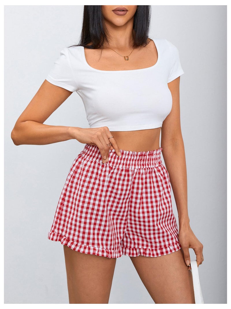 MakeMeChic Women's Gingham Ruffle Lounge Shorts Elastic High Waist Pajamas Boxer Shorts Red and White Small - Image 4