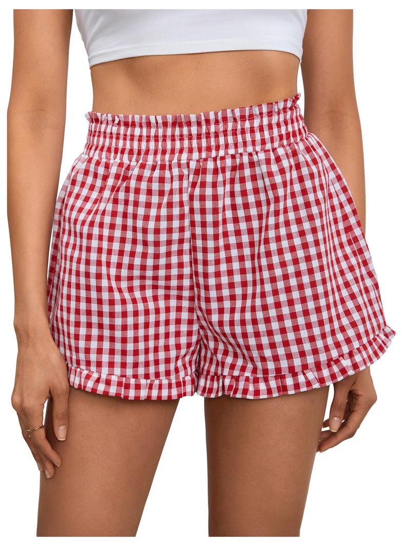 MakeMeChic Women's Gingham Ruffle Lounge Shorts Elastic High Waist Pajamas Boxer Shorts Red and White Small - Image 1
