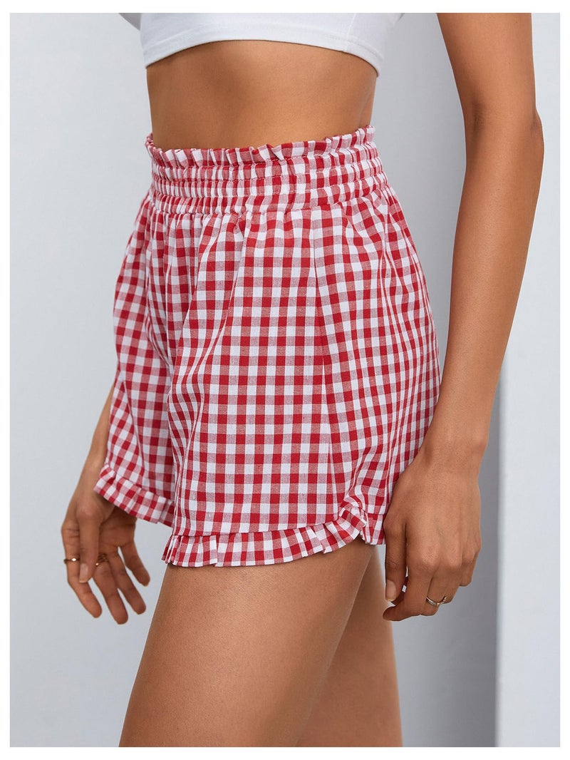MakeMeChic Women's Gingham Ruffle Lounge Shorts Elastic High Waist Pajamas Boxer Shorts Red and White Small - Image 3