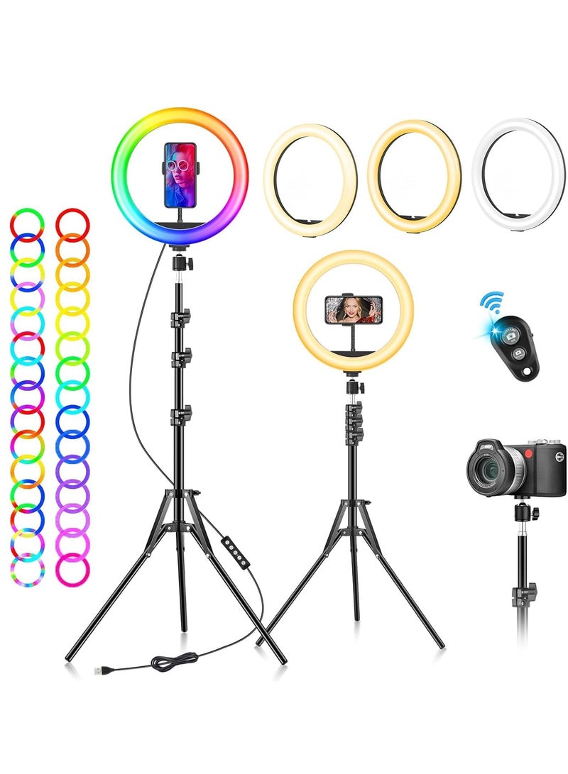 Ring Light with Tripod Stand & Phone Holder - 10 inch Selfie LED Ringlight Desktop Lamp 40 Colors RGB Tall Circle Light for Camera Makeup Video YouTube TikTok Live Streaming Zoom Meetings. - Image 1